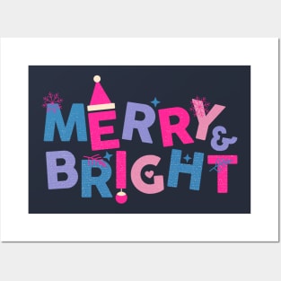 Merry and Bright Pink and Blue Christmas Posters and Art